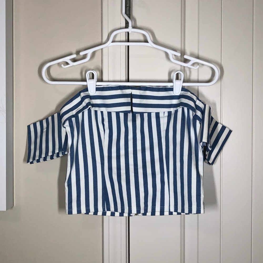 blue and white pin striped off shoulder crop top